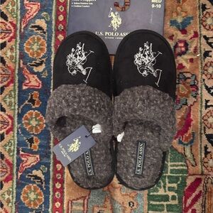 U.S. Polo Assn Men’s Slippers Black Gray Fuzzy Lined